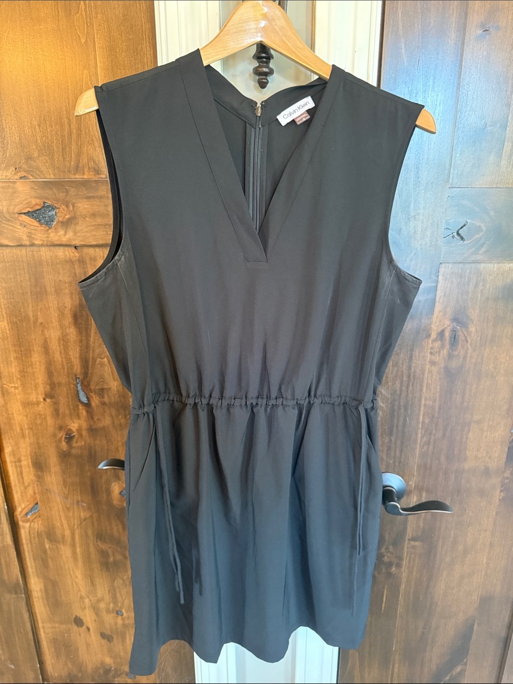 Calvin Klein Black V-Neck Sleeveless Mini Dress with Drawstring Waist